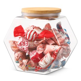 Pickmesh 70 oz Hexagonal Plastic Candy Jar with Airtight Bamboo Lid Hexagon Cookie Jars Clear Containers for Kitchen Storage Snacks, Dog Food, Coffee Pod, Laundry Pod