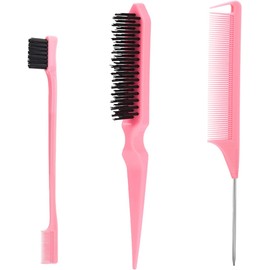 Juego de 3 cepillos para bordes con 1 cepillo para bordes, 1 cepillo para el pelo de cerdas, 1 peine para cola de rata, juego de cepillos para pelos de bebé y moscas, color rosa