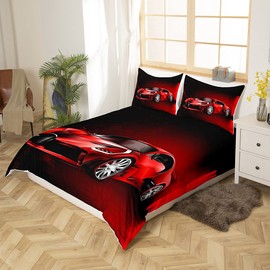 Sports Car Bedding Set Red Race Car Duvet Cover Set for Kids Boys Girls Extreme Sports Comforter Cover Set Cool Speed Luxury Car Bedding & Linen with 2 Pillowcase 3Pcs Bedding Double
