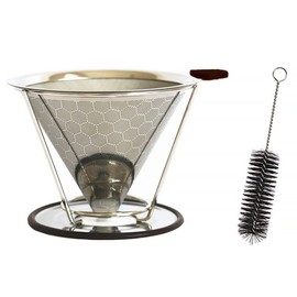 Pour Over Coffee Filter Reusable Stainless Steel Cup Coffee Filter with Small Cleaning Brush and Bracket for Hand Brewed Coffee, Honeycomb