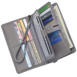Bveyzi Women's Big Fat Rfid Leather Wristlet Wallet Organizer Large Phone Checkbook Holder with Zipper Pocket (Grey)