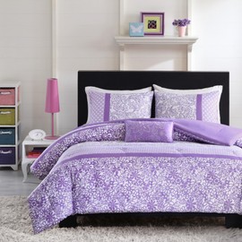 Intelligent Design Comforter Set Fun Bedroom Décor - Modern All Season Polka Dot Print, Vibrant Color Cozy Bedding Layer, Matching Sham, Decorative Pillow, Full/Queen, Floral Purple 4 Piece