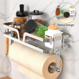 Taozun Paper Towel Holder Wall Mount, Kitchen Paper Holder Spice Rack Paper Towel Roll Holder Bathroom Hand Towel Holder with 4 Hooks (2 Installation Methods - Self-Adhesive and Drilling) Silver