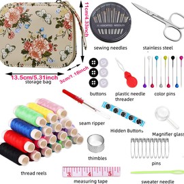 Printing Sewing Kit Floral Pattern Sewing Set Small Basic Travel Sewing Kit for Adults, 87 PCS Professional Sewing Supplies Accessory for Emergency, Home