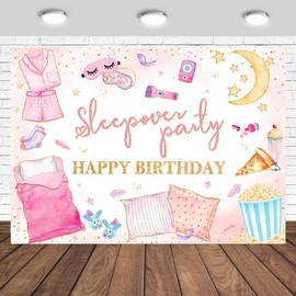 Tcoyodw Sleepover Party Happy Birthday Backdrop 7x5ft Pajamas Slumber Party Decorations for Girls Pink Pillow Movie Night Photography Background Banner Photo Studio Props