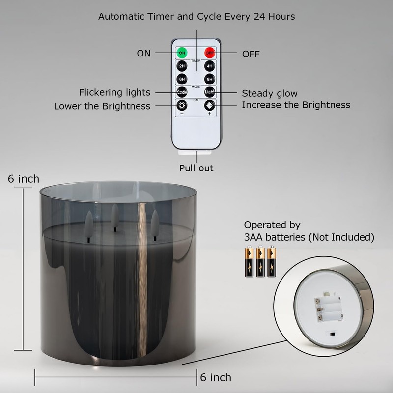 Homemory 6X6'' Extra Large Flameless Candle with 3 Wicks, Glass