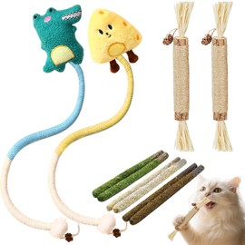 ZENGABIA Catnip Toys for Cats, Kitten Chew Toys Silvervine Sticks for Indoor Cats Teeth Cleaning 10 Pack, Interactive Treat Dental Organic Cotton Chew Rope with Cute Dolls Catnip Inside