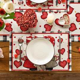 Artoid Mode Kiss Gnomes Valentine Placemats Set of 4, 12x18 Inch Wedding Anniversary Table Mats for Party Kitchen Dining Decoration