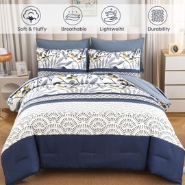Dintszyayue King Size Comforter Set, 7 Pieces Blue Boho Comforter for King Bed, Leaves Botanical Bed in a Bag, Soft Microfiber Bird Bedding Set with Pillowcases,Flat Sheet,Fitted Sheet,Pillow Shams