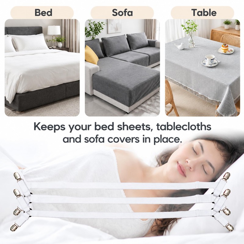 Premium Sheet Straps, Adjustable Crisscross Fitted Sheet Clips (2, White)