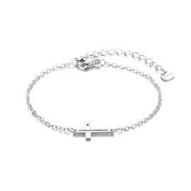 Cross Silver Bracelet for Women Gift - Stainless Steel Cross Pendant Charm Adjustable Link Chain Bracelets, First Confirmation Easter Christian Jewelry Gifts for Mom Wife Daughter Grandma Girlfriend