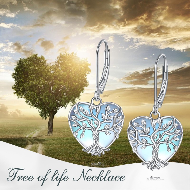 Moonstone Drop Earrings 925 Sterling Silver Tree of Life Dangle