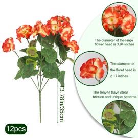 CISDUEO 12 Pcs Artificial Geranium Flowers for Outdoors Silk Geraniums Flowers Outdoor Orange Flowers Bush Faux Geraniums for Outdoor Planters Decor Garden Patio Grave Cemetary Table Centerpiece