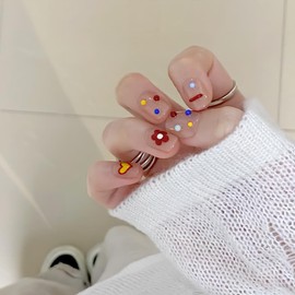 [ALLEVG] Nail Tips 30 Pieces Colorful 30 Pieces with Beads! Cute Short Nails - Girly and Dreamy Design Nail for Spring and Summer, Popular, Japanese Style, Cute, Simple, Stylish, Coming of Age