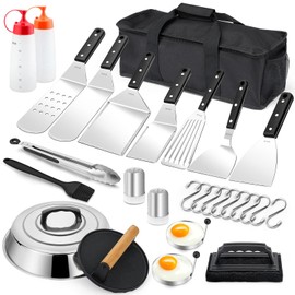 Leonyo Griddle Accessories Kit, 29PCS Flat Top Grill Accessories, 18/10 Stainless Steel Grill Spatula Set with Griddle Scraper, Basting Cover, Burger Press, Hibachi Accessories for Outdoor BBQ