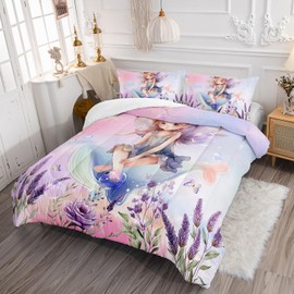 AILONEN Flower Fairy Comforter Set Twin Size, Beautiful Girl Bedding Set for Kids,Watercolor Pink Purple Quilt Set,Cute Dolphin Bed in a Bag,3 Pieces,1 Quilt and 2 Pillowcases