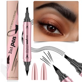 2-in-1 Dual-Ended Waterproof Eyebrow Pencils with 4-Fork-Tip for Women, 3D Microblading Eyebrow Pen with Eyeliner Pencil, Natural Hair Like Strokes, All-Day Wear (04 Black)