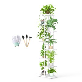 Corner Plant Stand Indoor 8 Tier 9 Potted with Gardening Tools and Gloves, Upgraded Tall Metal Plant Shelf Organizer Outdoor, Multiple Flower Pot Holder Display Rack for Patio, (8 Tier-White)