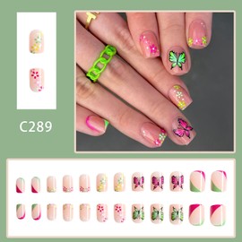 Press on Nails Short Spring Square 24Pcs Glossy Full Cover Acrylic Square False Nails with Flower Butterfly Designs Reusable Short Coffin Fake Nails with Glue Stick on Fingernails for Women Girls