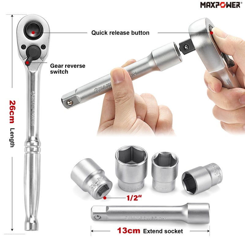 MAXPOWER 1/2" Drive Socket Wrench Set, 16-Piece, Including 13-Piece SAE