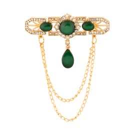 Knighthood Gold Designer Studded Brooch with Layered Chain & Emerald Stones Lapel Pin for Men And Women – Elegant Accessory for Suits, Coats, and Jackets