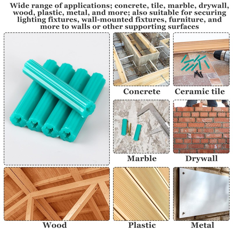 200 Pcs Expanding Plastic Screw Anchors 1/4 Hole Green Plastic