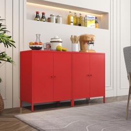 Fumedo Small 2 Metal Storage Side Buffet Cabinet for Bed Room,Living Room,Entryway,Hallway,Home,Hotel,Office,Garage,Kitchen,1 Removable Shelf. (Metal Door, Red)