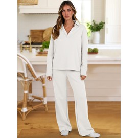 ANRABESS Lounge Sets for Women 2 Piece Outfits Sweatsuit Set Fall V Neck Sweatshirts Wide Leg Pants Tracksuits White Large