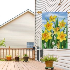 Louise Maelys Welcome Spring House Flag 28x40 Double Sided Vertical, Burlap Large Daffodil Floral Flower Holiday Yard Sign House Outside Outdoor Hello Summer Decoration