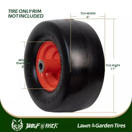 Wolf Pack 11x6.00-5 Flat Free Tire and Wheel,  5.875" Centered Hub 3/4" Bushings Size
