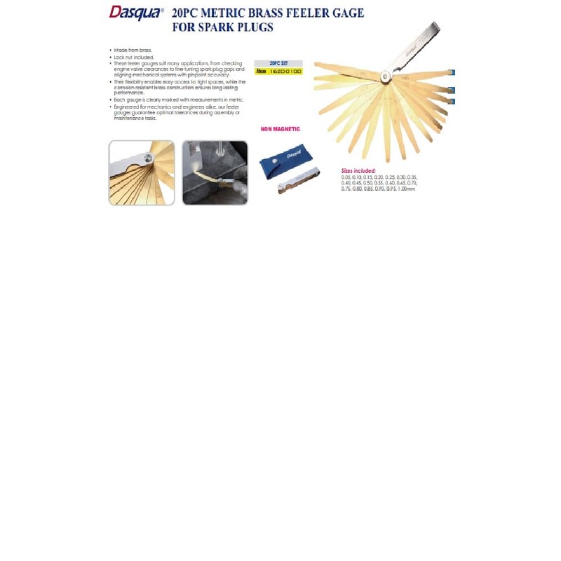 Dasqua 1620-0100 20 Piece Metric Brass Feeler Gauge for Spark