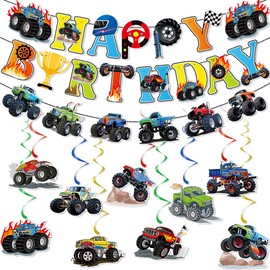 Monster Car Birthday Party Decorations Set Off-Road Happy Birthday Banner and 9pcs Car Themed Hanging Swirls Monster Themed Decor for Baby Shower Party Supplies（Fully Assembled）