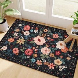 DUKINO 2x3 Rugs for Entryway, Floral Indoor Washable Door Mat, Non Slip Boho Small Rug for Kitchen, Soft Low Pile Throw Rug, Front Door Rug for Entrance, Bedroom, Kitchen, Laundry, Bathroom, Black