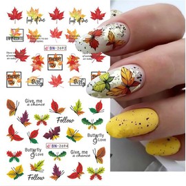 Fall Thanksgiving Nail Art Stickers Decals, 12 Sheets Maple Leaf Design Water Transfer Nail Decals Autumn Thanksgiving Nail Art Decoration Abstract Leaves Ginkgo Slider Nail Foils for Women DIY Supply