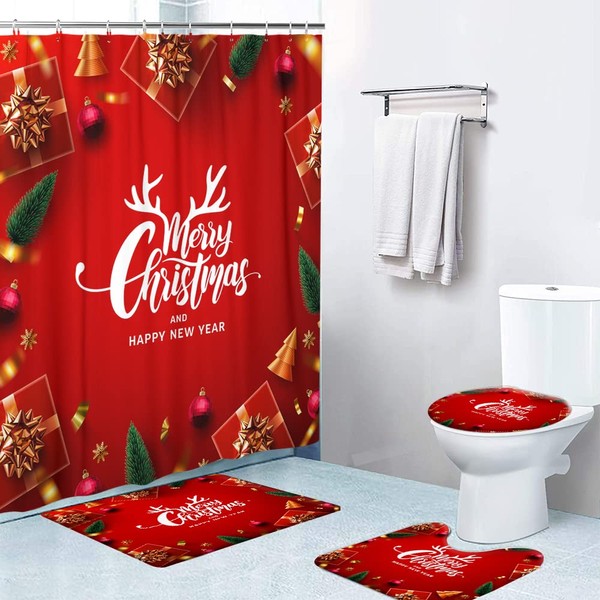 LOKMU 4 Pcs Shower Curtain Sets with Non-Slip Rugs,Toilet Lid