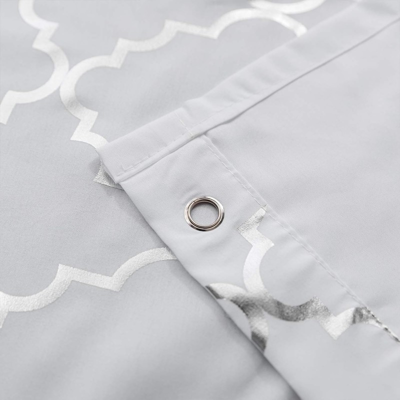 White Shower Curtain with Geometric Silver Foil Moroccan Tile Pattern