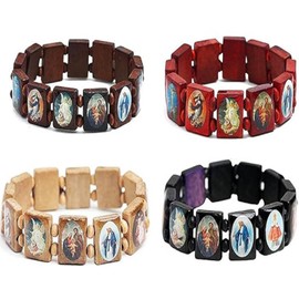 Christian Bracelet Wooden Holy Saints Bracelets Rosary Catholic Stretch Bangle with Pictures Jesus Bracelet Religious Sacred Holy Gods Goddess Prayer Pack of 4, Woodiness