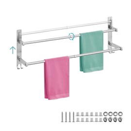 MGT Foldable Towel Bars for Bathroom Wall Mounted 304 Stainless Steel Bath Towel Racks with Hooks Space Saving Towel Holder for Washroom Kitchen - 2 Bars