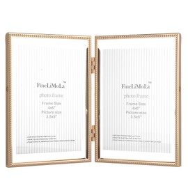 FineLiMoLa 4x6'' Gold Double Floating Photo Frame, Beaded Metal Frame with Dual Glass Panels, Fits 2x3'' & 3.5x5'' Pictures, Elegant Desktop Decor & Wedding Gift