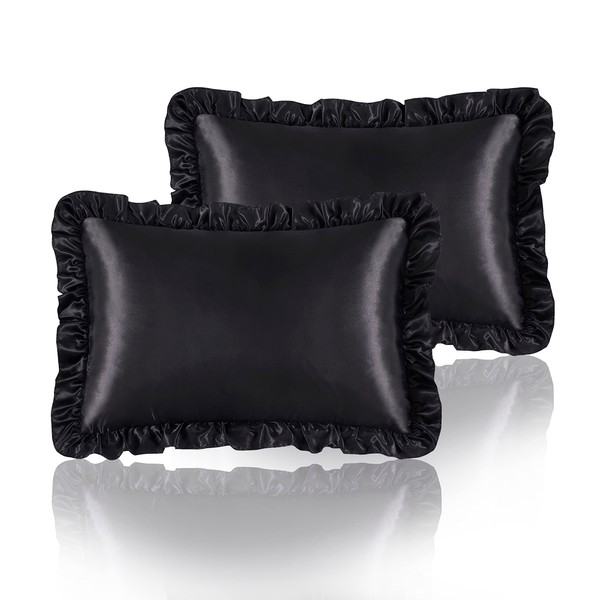 HommxJF Silky Satin Ruffled Pillow Cases for Hair and Skin,Black