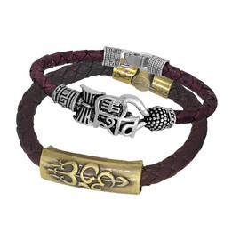 Sullery Religious Om Shiv Damru Trishul Arm Cuff Combo Set Silver and Brown Leather, Brass Bracelet for Men and Women