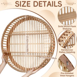 Pinkunn Rattan Wall Shelf Round Wicker Shelves Boho Wall Mounted Display Storage 2 Tier Circle Farmhouse Home Decorations for Dining Room Living Room Office Kitchen Bathroom