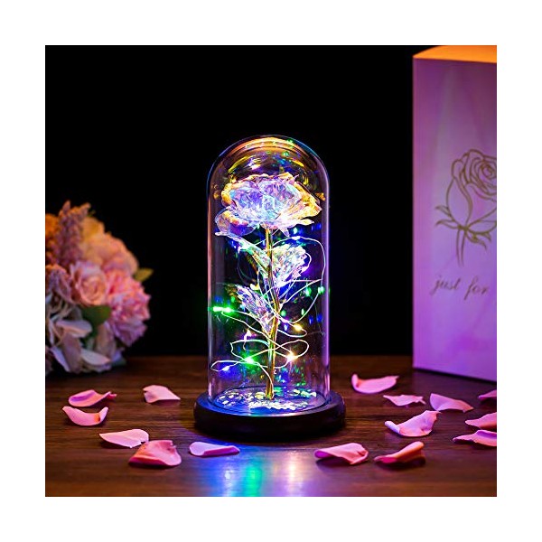Glasseam Galaxy Rose Flower Gift, Roses Gifts for Women Forever Eternal Rose in Glass Dome LED Light Up Rose Light Everlasting Romantic Mothers Valentines Day Birthday Gifts for Her Mom Grandma Wife