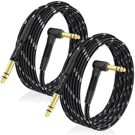 TONTONE 1/4 Inch TRS Cable Right Angle to Straight 2-Pack 15FT, 6.35mm Balanced 1/4 Audio Cable for Electric Guitar Bass Keyboard Mixer Amplifier Speaker
