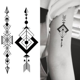 Oottati Small Cute Temporary Tattoo Sticker Set of 2 - Minimalist Geometric Square Triangle Arrow Designs for Hand Neck Face Wrist, Waterproof Fake Body Art, Simple & Modern Unisex Skin Decals