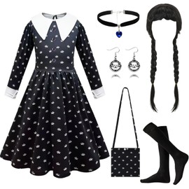 PWOKAO Wednesday Costume Children, 6 Pieces Gothic Black Dress with Wig & Bag & Socks Set Wednesday Costume Kids Carnival Costume Girls Fancy Dress Cosplay Party Outfit (M)