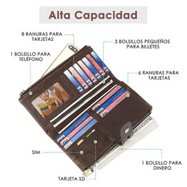 SlowTon Carteras de Piel para Mujer, Retro Cartera de Unisexo con RFID Bloqueo, Cuero Genuino Billetera Gran Capacidad con Cremallera Doble Clip, Minimalista Tarjetera de Pinza Multibolsillos(Café)