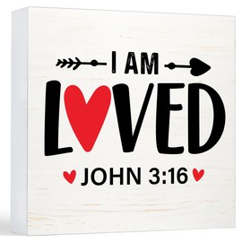 Ptikx Christian Desk Decor I Am Loved Bible Verses John 3:16 Scriptures Wood Sign Decor Home Desk Tabletop Shelf Decor, Valentines Day Decorations 5 x 5 Inches