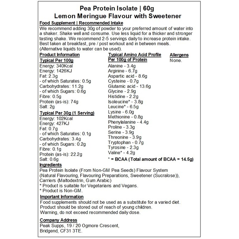 Pea Protein Isolate Powder Unflavoured - Vegan - Non-GM (60g,