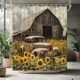 Farmhouse Rustic Truck Shower Curtain Sunflower Antique Cabin Farm Life Country Western American Barn Floral Old Tractor Vintage Bathroom Curtains Set Polyester Fabric Hooks 70" W x 70" L